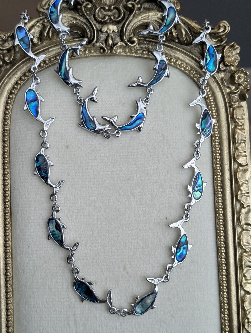 Abalone Shell Fish Necklace & Bracelet Set Silver Tone Nautical Coastal